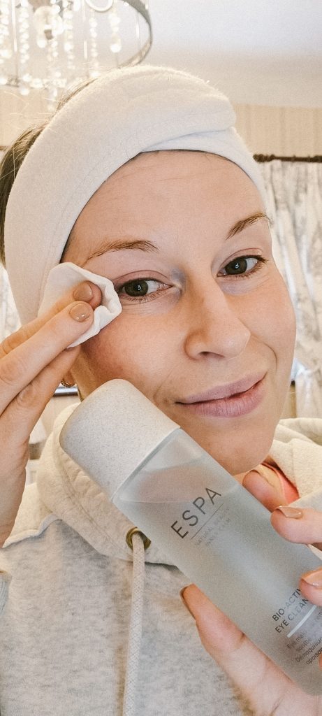 Removing eye makeup with ESPA Bio Active Eye Cleanser
