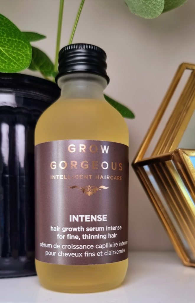 Grow Gorgeous Intense Serum, on a shelf.